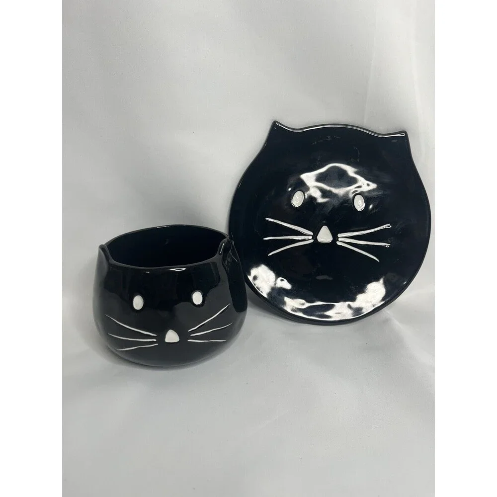 POTTERY BARN BLACK CAT FIGURAL BOWL AND PLATE Halloween Stoneware HTF CANDY DISH